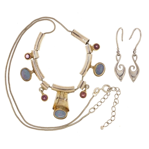 2061 - Modernist silver opal and pink stone necklace and a pair of silver and diamond drop earrings, the ne... 