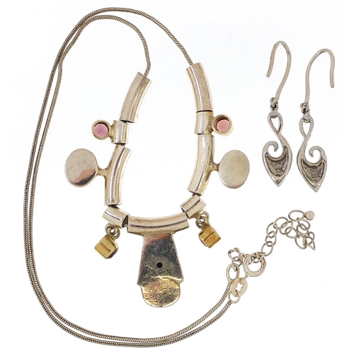 2061 - Modernist silver opal and pink stone necklace and a pair of silver and diamond drop earrings, the ne... 