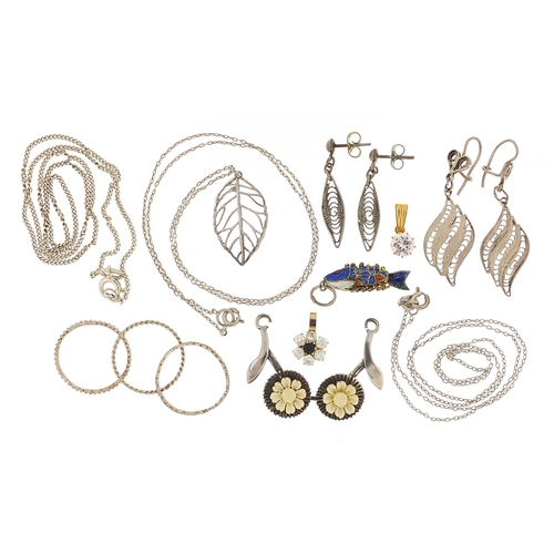 2134 - Silver jewellery and a 9ct gold cubic zirconia pendant including necklaces and enamelled articulated... 