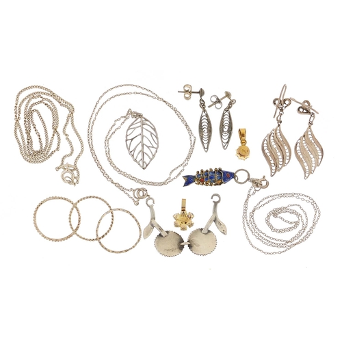 2134 - Silver jewellery and a 9ct gold cubic zirconia pendant including necklaces and enamelled articulated... 