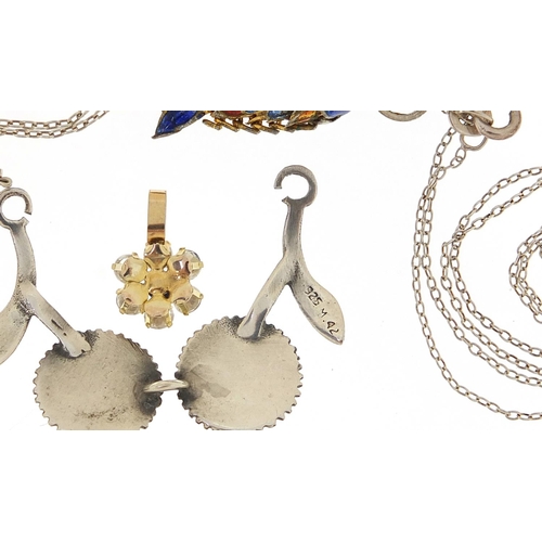 2134 - Silver jewellery and a 9ct gold cubic zirconia pendant including necklaces and enamelled articulated... 