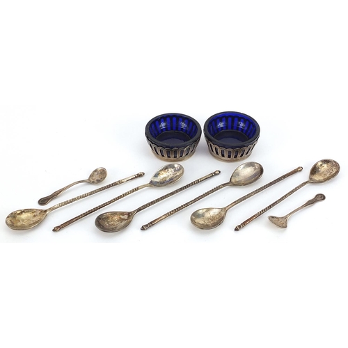 2262 - Pair of sterling silver open salts with blue glass liners and spoons and a set of six 800 grade silv... 