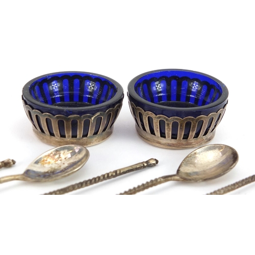 2262 - Pair of sterling silver open salts with blue glass liners and spoons and a set of six 800 grade silv... 