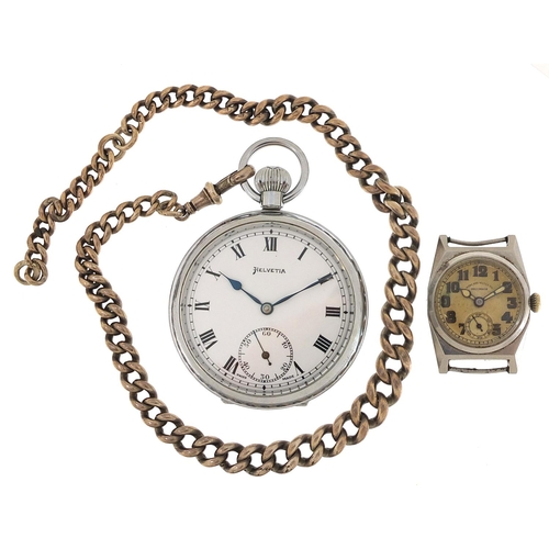 2071 - Helvetia open face pocket watch, West End Watch Co Secundus wristwatch and a graduated silver watch ... 