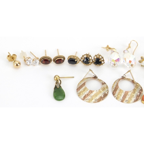 1807 - Collection of yellow metal earrings, some set with semi precious stones including one pair marked 9c... 