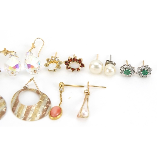 1807 - Collection of yellow metal earrings, some set with semi precious stones including one pair marked 9c... 