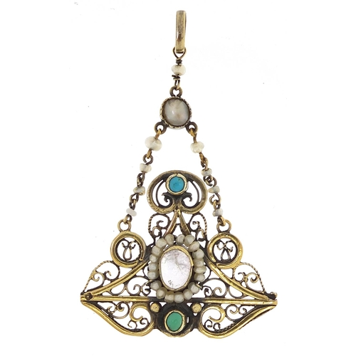 1868 - Austro Hungarian, gilt metal pendant set with cabochon stones and seed pearls, 5.5cm high, 4.6g