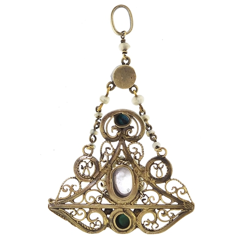 1868 - Austro Hungarian, gilt metal pendant set with cabochon stones and seed pearls, 5.5cm high, 4.6g