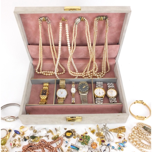 2161 - Vintage and later costume jewellery and wristwatches including silver necklaces, simulated pearls, b... 