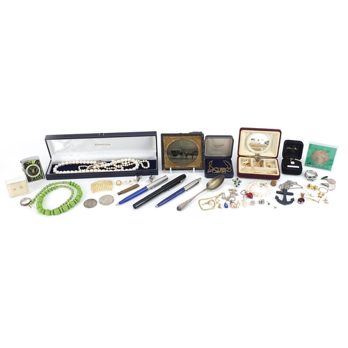 2160 - Costume jewellery and objects including a pair of silver cufflinks, Georgian silver teaspoon, freshw... 