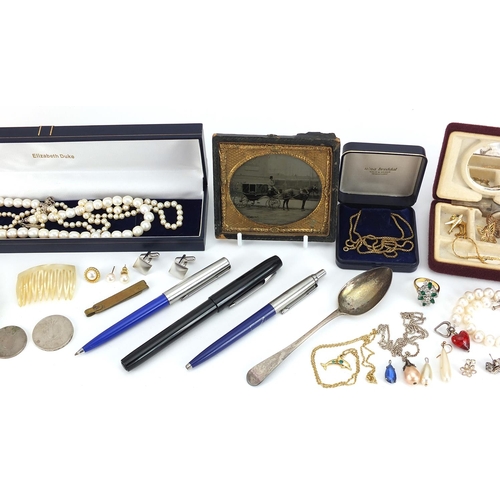 2160 - Costume jewellery and objects including a pair of silver cufflinks, Georgian silver teaspoon, freshw... 