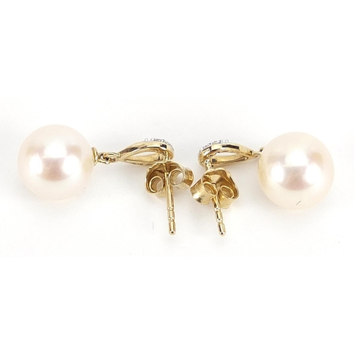 1718 - Pair of 9ct gold cultured pearl and diamond drop earrings, 1.8cm high, 2.8g