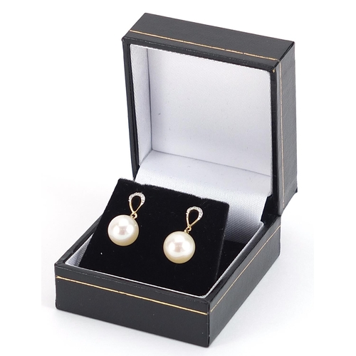 1718 - Pair of 9ct gold cultured pearl and diamond drop earrings, 1.8cm high, 2.8g