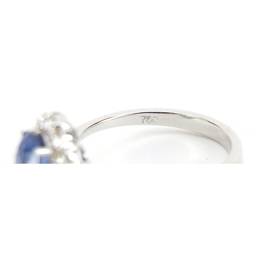 1676 - 18ct white gold sapphire and diamond cluster ring, the sapphire approximately 2.62 carat, total diam... 