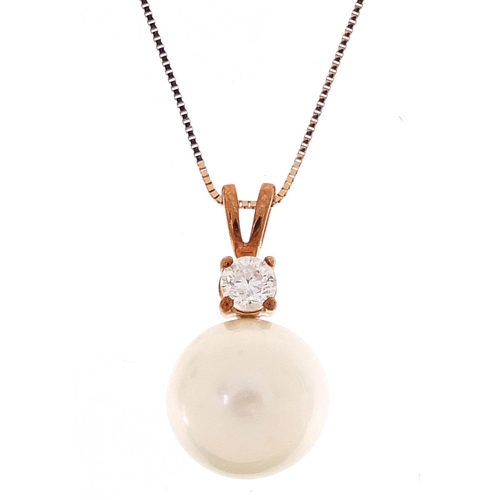 1867 - 9ct rose gold cultured pearl and diamond pendant on a 10ct rose gold necklace, the diamond weight ap... 