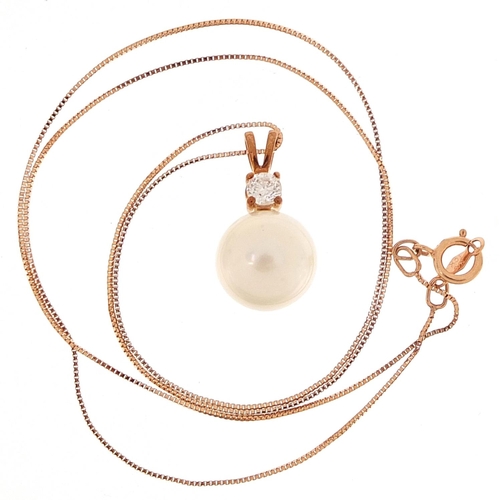 1867 - 9ct rose gold cultured pearl and diamond pendant on a 10ct rose gold necklace, the diamond weight ap... 