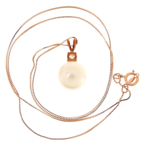 1867 - 9ct rose gold cultured pearl and diamond pendant on a 10ct rose gold necklace, the diamond weight ap... 