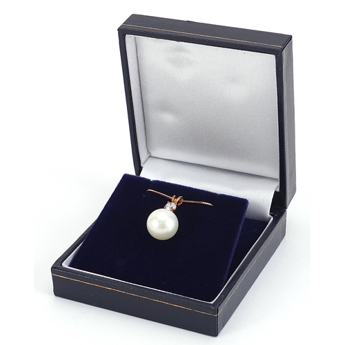 1867 - 9ct rose gold cultured pearl and diamond pendant on a 10ct rose gold necklace, the diamond weight ap... 