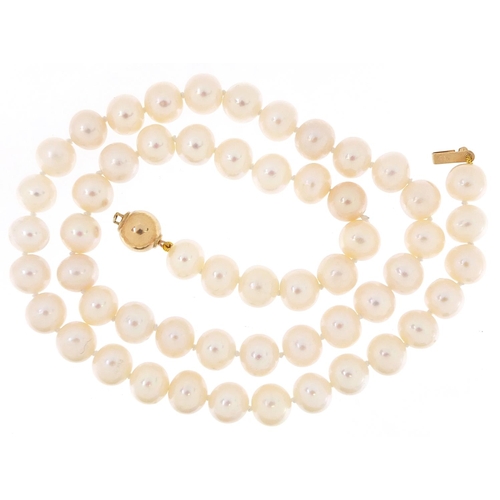 1832 - Cultured pearl necklace with 9ct gold ball clasp, 42cm in length, 37.6g