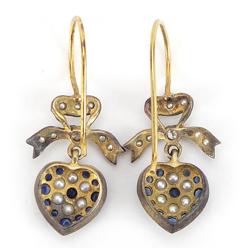 1849 - Pair of antique style diamond, sapphire and seed pearl love heart drop earrings, 3cm high, 2.6g