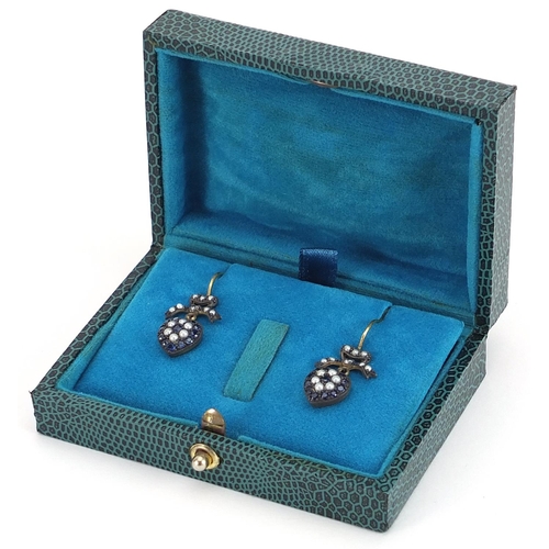 1849 - Pair of antique style diamond, sapphire and seed pearl love heart drop earrings, 3cm high, 2.6g