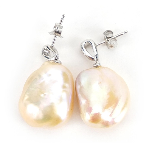 1825 - Pair of 9ct white gold baroque pearl and diamond drop earrings, 2.8cm high, 9.2g