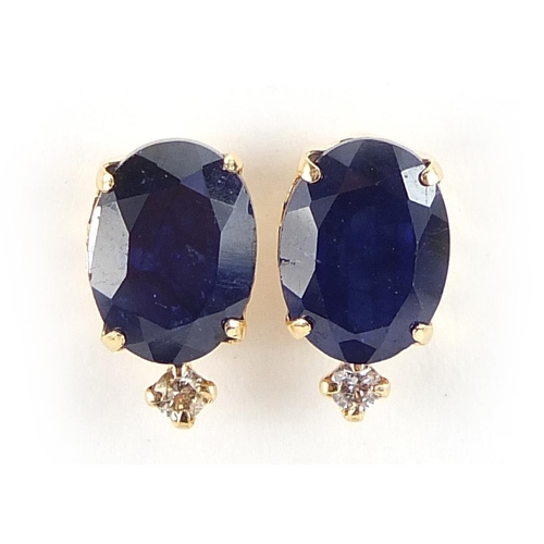 1809 - Pair of 18ct gold sapphire and diamond stud earrings, total sapphire weight approximately 3.00 carat... 