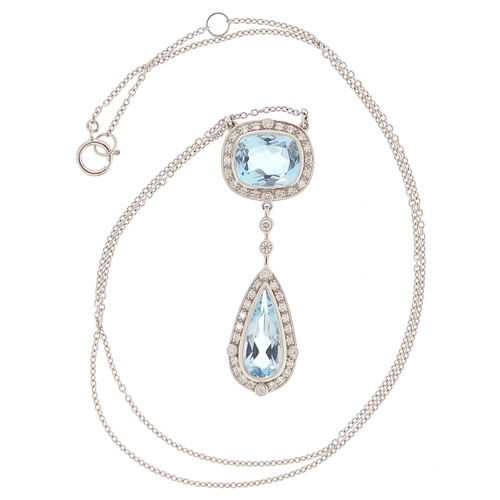 1649 - Art Deco style 18ct white gold blue topaz and diamond necklace, total topaz weight approximately 5.5... 