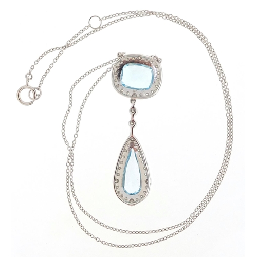 1649 - Art Deco style 18ct white gold blue topaz and diamond necklace, total topaz weight approximately 5.5... 