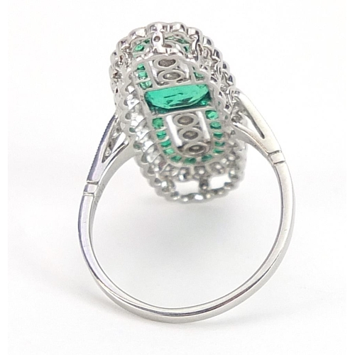 1820 - Art Deco style platinum emerald and diamond ring with WGI gemological report, total emerald weight a... 