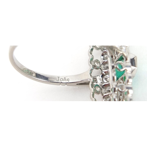 1820 - Art Deco style platinum emerald and diamond ring with WGI gemological report, total emerald weight a... 