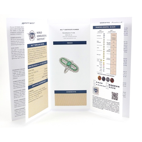 1820 - Art Deco style platinum emerald and diamond ring with WGI gemological report, total emerald weight a... 