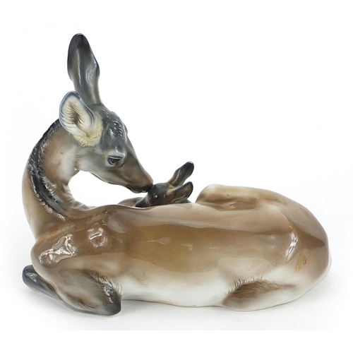 542 - Rosenthal, German porcelain deer and foal group, 18cm wide