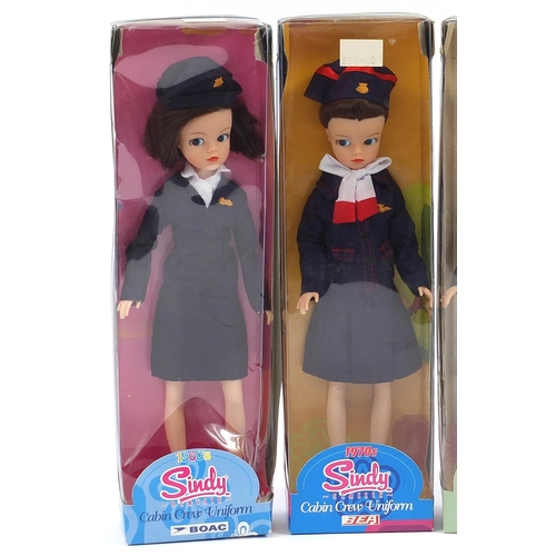 1374 - Four vintage Sindy BOAC and BEA cabin crew dolls with boxes, each 29cm high