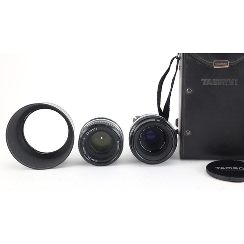 363 - Five camera lenses comprising Tamron 60-300mm with case and four Nikon Nikkor 135mm, 55mm, 55mm and ... 