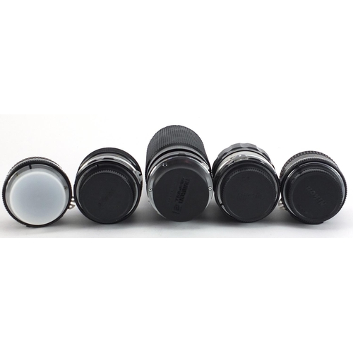 363 - Five camera lenses comprising Tamron 60-300mm with case and four Nikon Nikkor 135mm, 55mm, 55mm and ... 