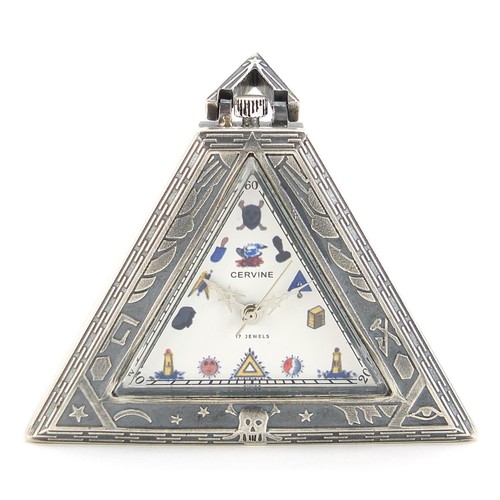 2145 - Masonic interest silver triangular pocket watch, 5cm high, 51.0g