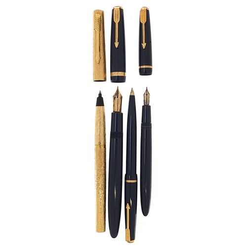 179 - Four Parker pens, two fountain pens with gold nibs including Maxima Duofold