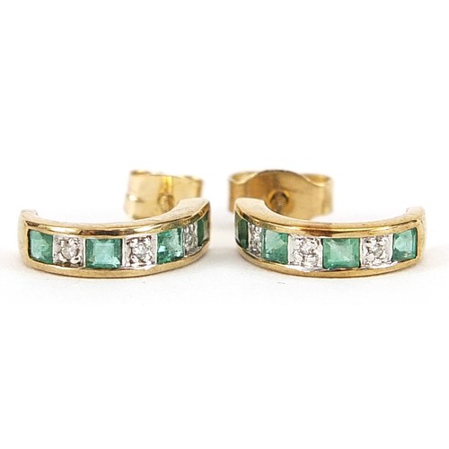 2093 - Pair of 9ct gold emerald and diamond half hoop earrings, 12mm high, 1.4g