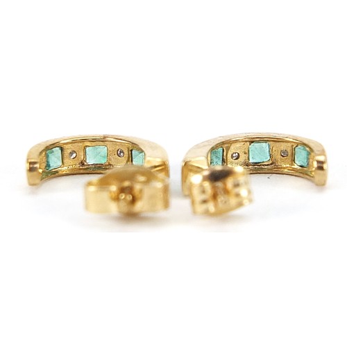 2093 - Pair of 9ct gold emerald and diamond half hoop earrings, 12mm high, 1.4g