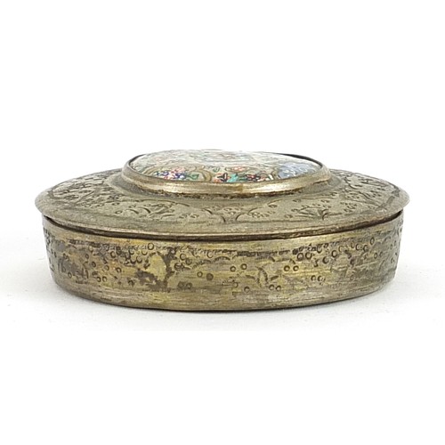 967 - Islamic white metal box and cover and a porcelain dish with white metal overlay, the largest 9.5cm w... 