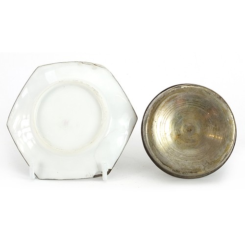 967 - Islamic white metal box and cover and a porcelain dish with white metal overlay, the largest 9.5cm w... 