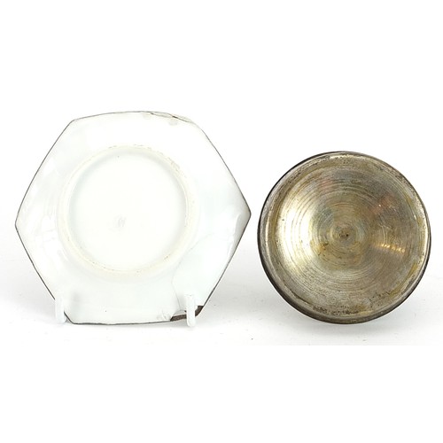 967 - Islamic white metal box and cover and a porcelain dish with white metal overlay, the largest 9.5cm w... 