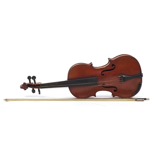 411 - Old wooden violin with one piece back, bow impressed W Dollenz Leipzig and wooden case, the violin b... 