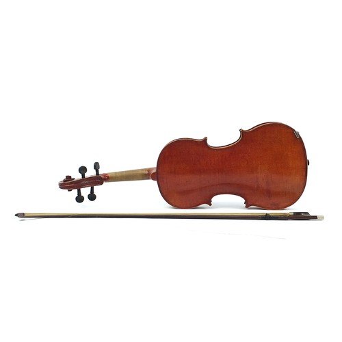 411 - Old wooden violin with one piece back, bow impressed W Dollenz Leipzig and wooden case, the violin b... 