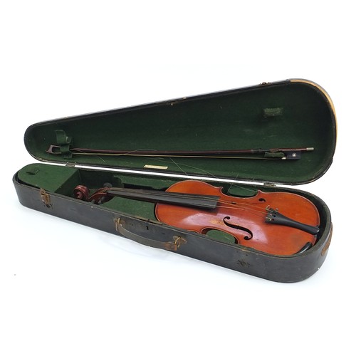 411 - Old wooden violin with one piece back, bow impressed W Dollenz Leipzig and wooden case, the violin b... 