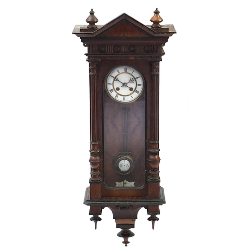 404 - Mahogany Vienna Regulator striking wall clock with enamelled dial, 92cm high