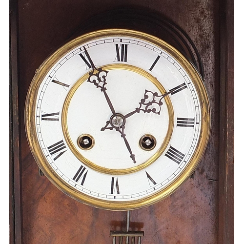 404 - Mahogany Vienna Regulator striking wall clock with enamelled dial, 92cm high