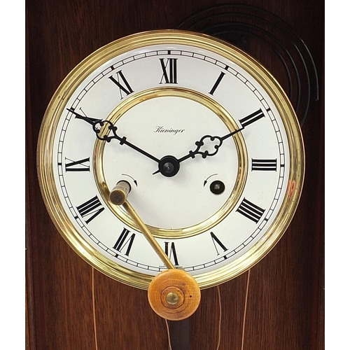 403 - Kieninger, German Vienna Regulator wall clock with visible pendulum and weights, 113cm high