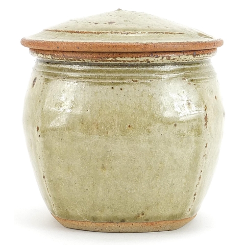 21 - Attributed to Richard Batterham, studio pottery jar and cover having a celadon glaze, 13cm high